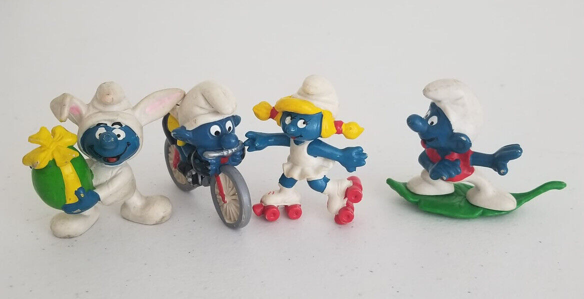 1970s Schleich Peyo Smurfs Set - Biker, Surfer, Roller Skating Smurfette & Easter Gift - TreasuTiques