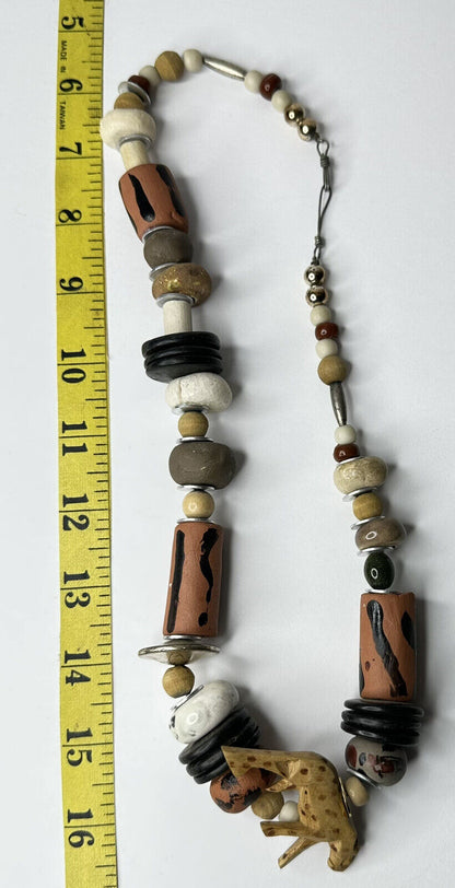 Vintage Artisan Cheetah Wood Beaded Safari Jungle Animal Necklace - Unique Handmade African-Inspired Jewelry - TreasuTiques