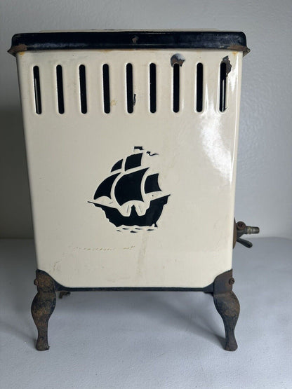 Antique 1930s O'Keefe & Merritt Porcelain Gas Heater - Art Deco Ship Design, 15.5" Tall - TreasuTiques