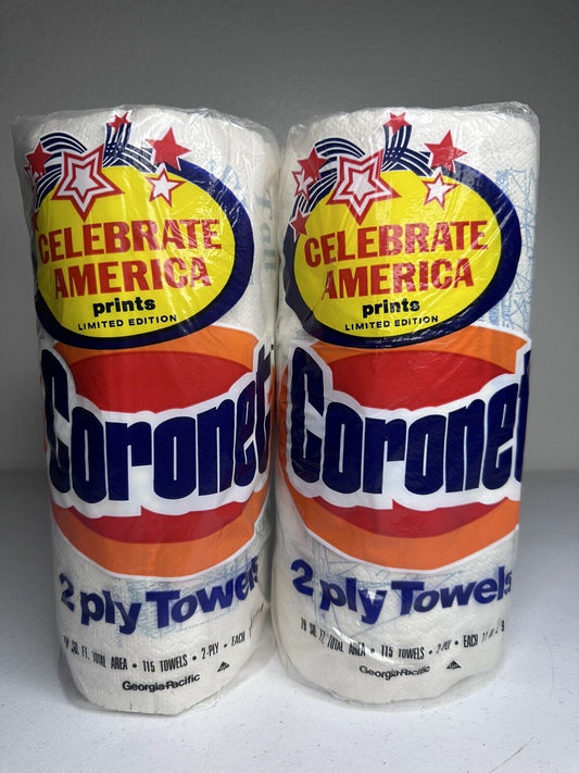 Vintage 1986 Coronet Celebrate America Prints Paper Towels - 2 Ply, 2 Rolls - Patriotic Collectible - TreasuTiques