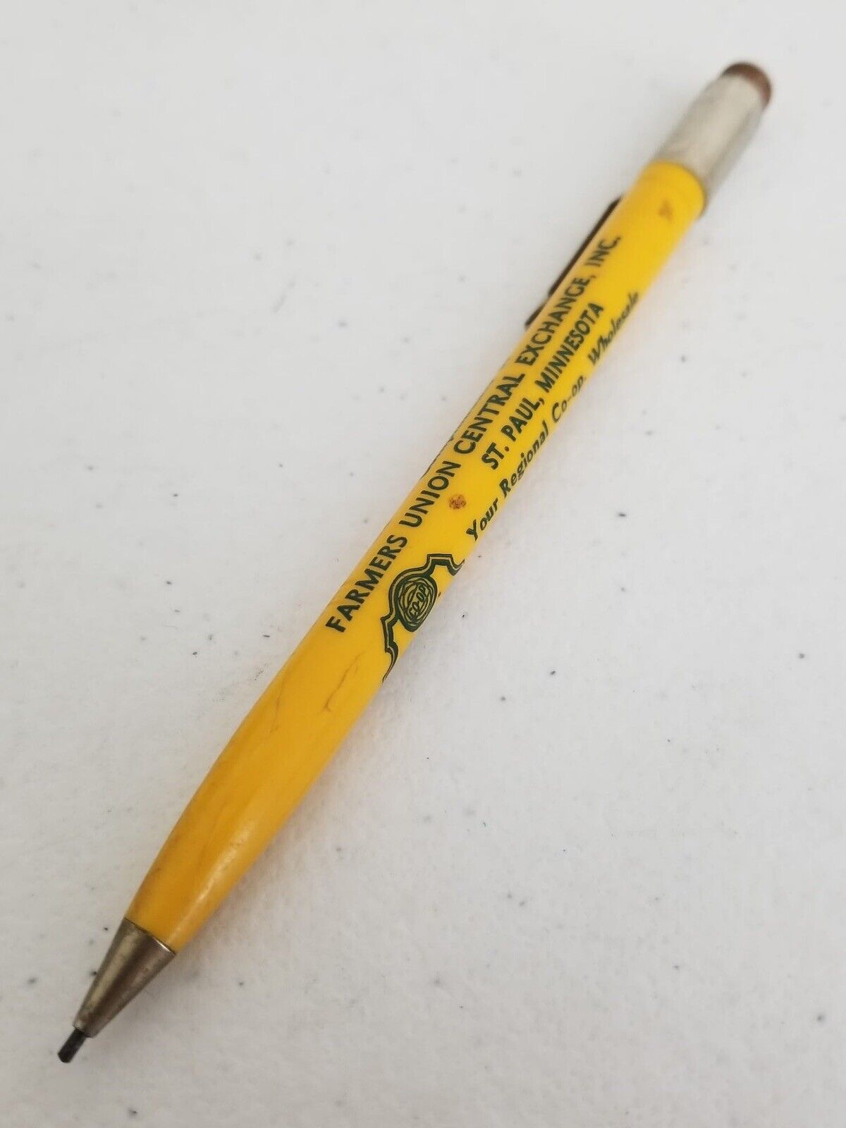 Vintage Scripto Mechanical Pencil - Yellow Farmers Union Central Exchange Advertising Collectible - TreasuTiques