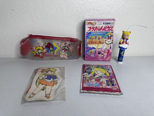 1990s Sailor Moon Merchandise Bundle - Rare Bandai Box, Bags, Cards, Lip Gloss - TreasuTiques