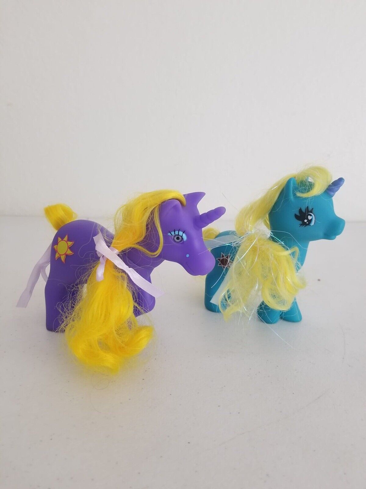 Charming Vintage Gi-Go Fakie Wonder Pony Land Unicorns - Purple with Sun Emblem & Blue with Yellow Mane - TreasuTiques