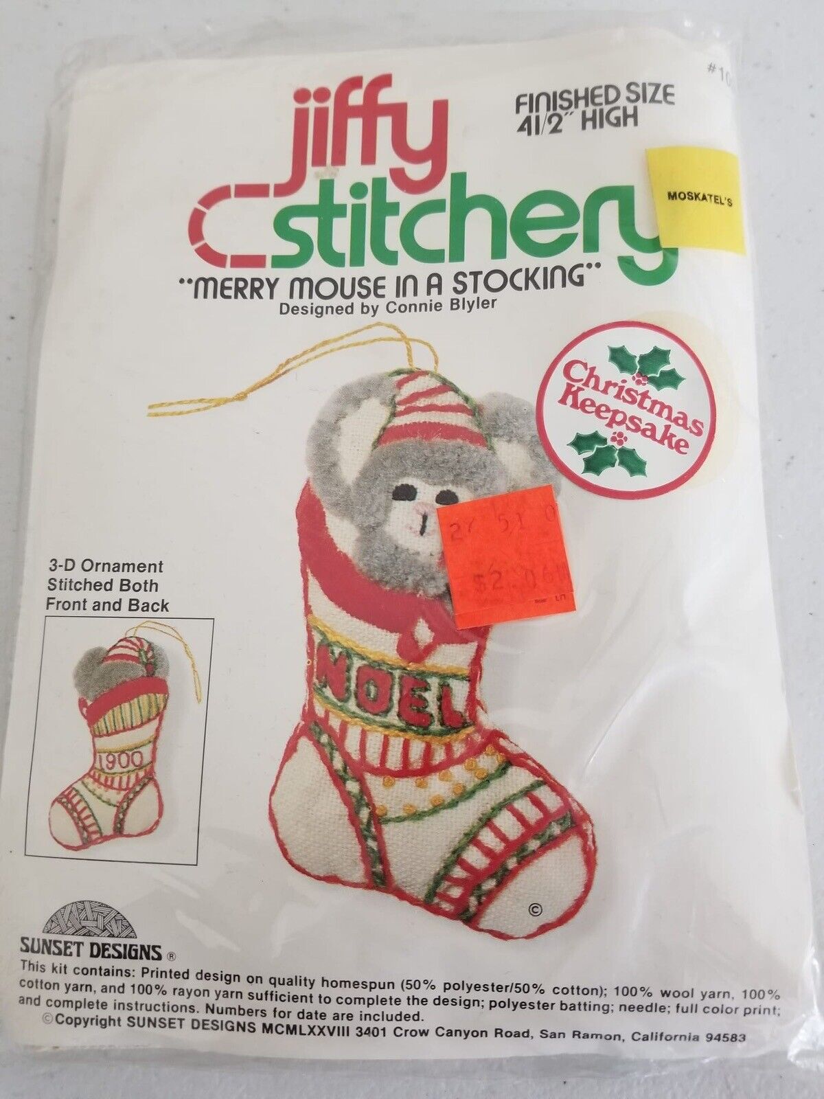 Vintage 1978 Jiffy Stitchery 3-D Christmas Ornament Kit - Merry Mouse Design by Sunset Designs - TreasuTiques