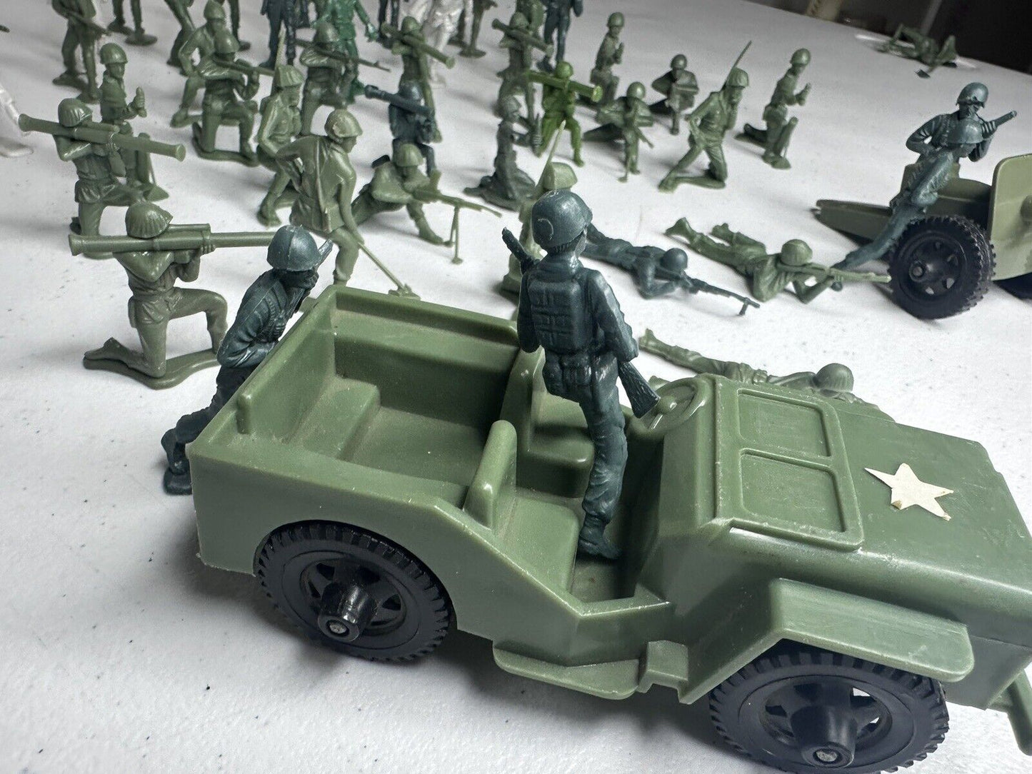 Vintage Tim-Mee & Marx Toy Soldier Lot with Army Jeep and Cannon Playset - Rare Collectible Military Figures - TreasuTiques
