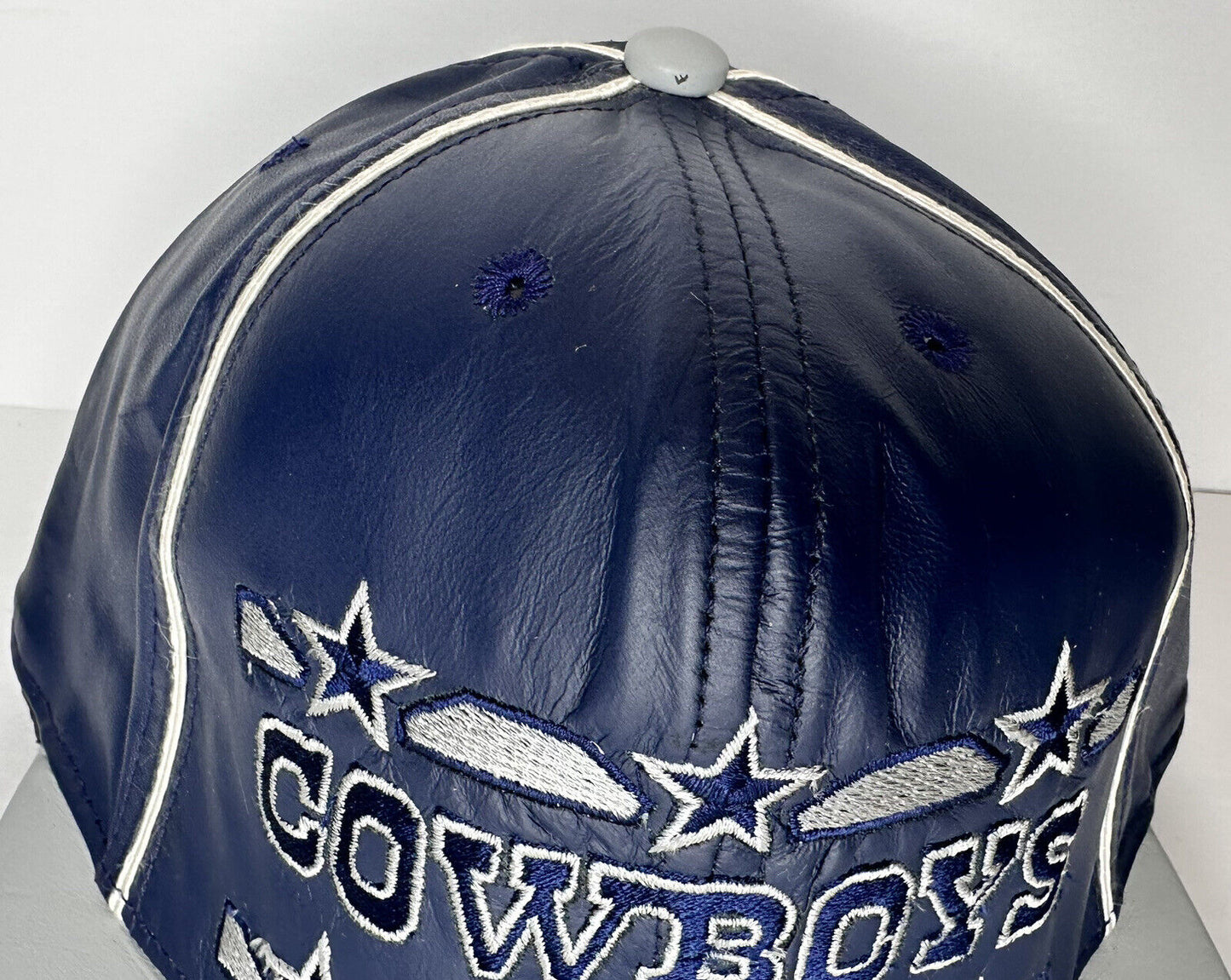 Vintage Dallas Cowboys James Hamilton Leather Hat - Embroidered Blue & Gray Cap with Scratch - TreasuTiques