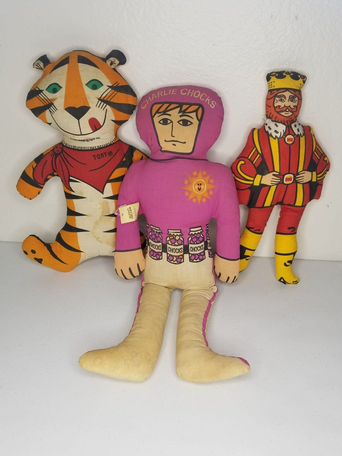 Vintage 1960s Plush Pillow Dolls Set - Charlie Chocks, Tony the Tiger, and Burger King - TreasuTiques