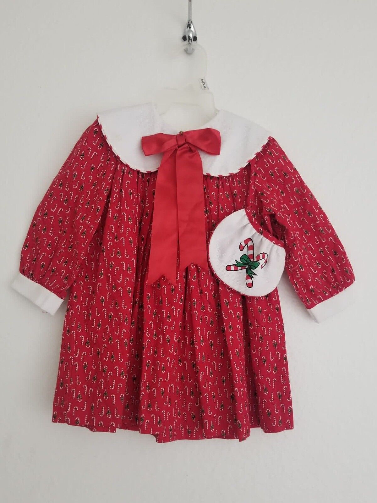 Vintage 1980s Rare Editions 2T Christmas Dress - Red Candy Cane Embroidery, USA Made - TreasuTiques