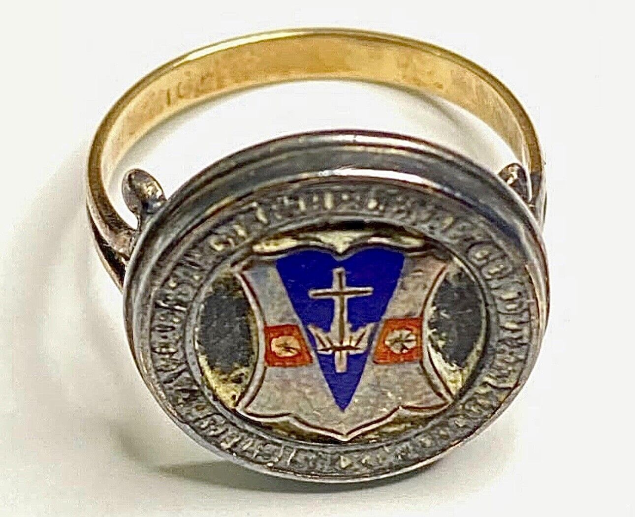 Antique 1800s 10Kt Gold Knights of Columbus Signet Ring with Enamel Detail - Rare Vintage Collectible - TreasuTiques