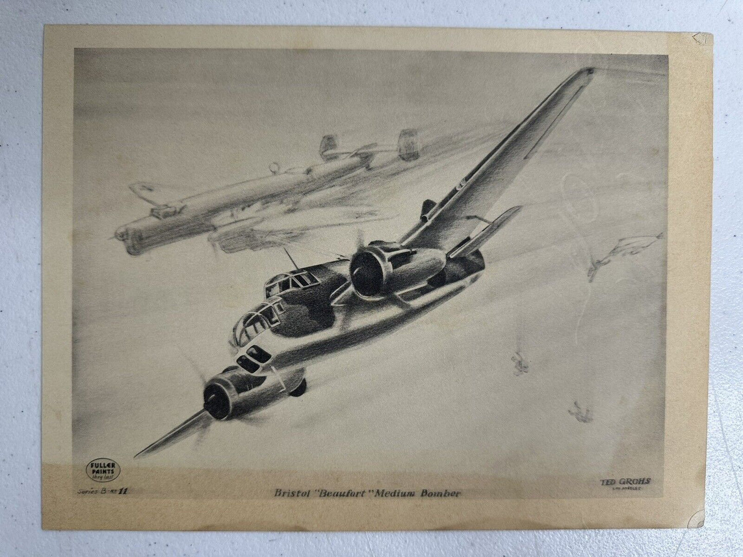 Rare 1940s Fuller Paints Bristol Beaufort Bomber Print by Ted Grohs - Series B #11 - TreasuTiques