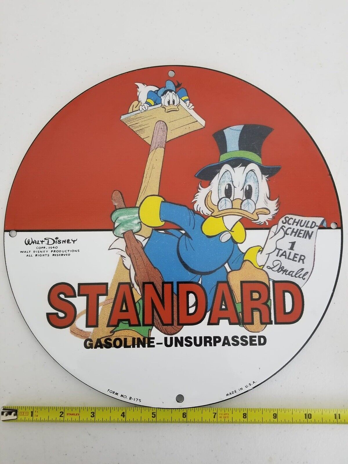 1940 Vintage Walt Disney Standard Gasoline Porcelain Sign - Scrooge McDuck Collectible - TreasuTiques