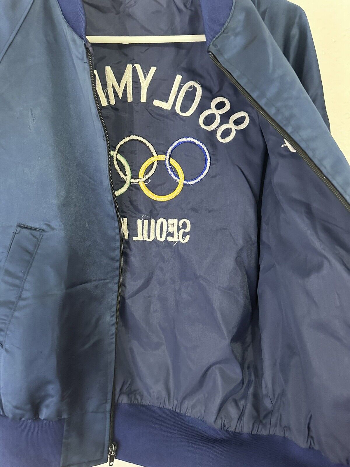 Rare Vintage 1988 Seoul Olympics Navy Bomber Jacket - Size XS, Embroidered 'Gary' - Unique Collectible Sports Memorabilia - TreasuTiques