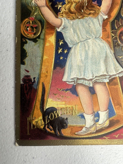 Rare 1910 Antique Halloween Collectible Card – Charming Girl in Midnight Imagery, Early Americana History - TreasuTiques