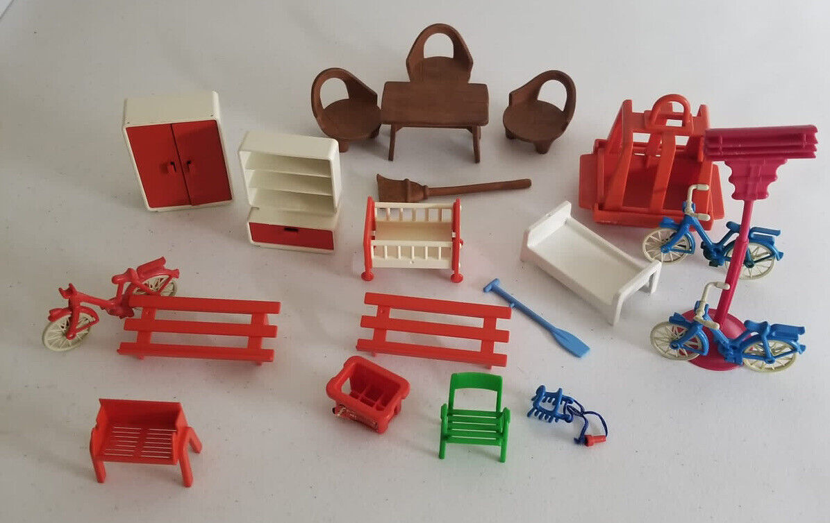 Rare 1978 Playmobil & 1981 Fisher Price Vintage Lot - 20 Accessories, Furniture, Bikes & More - TreasuTiques