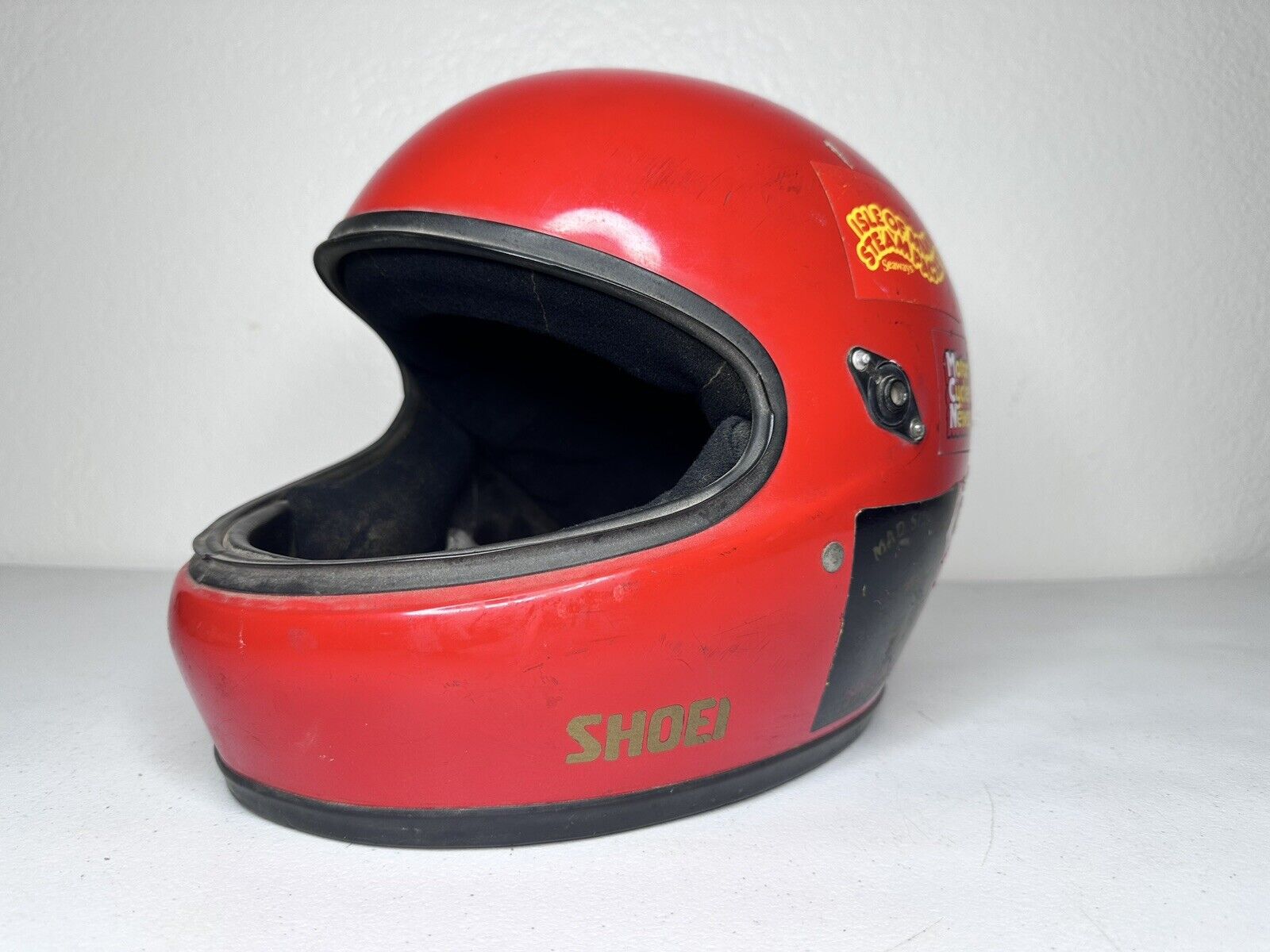 Vintage 1980s Shoei Racing Motorcycle Helmet - Red, Stickered Collectible (Size 7 1/8 - 7 1/4) - TreasuTiques