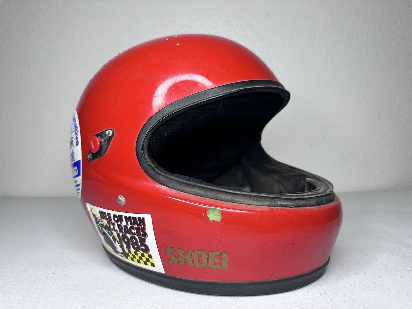 Vintage 1980s Shoei Racing Motorcycle Helmet - Red, Stickered Collectible (Size 7 1/8 - 7 1/4) - TreasuTiques