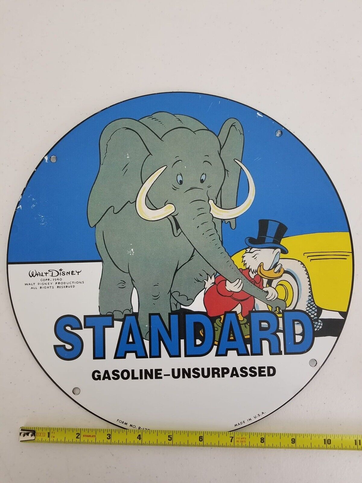 Vintage 1940s Disney Donald Duck & Elephant STANDARD Gasoline Porcelain Sign - 10" Disneyland Collectible - TreasuTiques