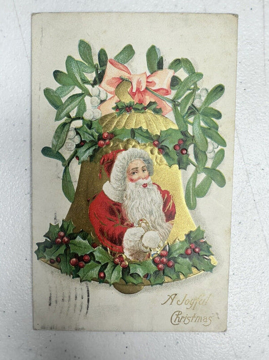 Vintage Christmas Postcard - Mrs. Claus in Santa Suit under Embossed Bell with Mistletoe and Ivy - Antique Holiday Collectible - TreasuTiques