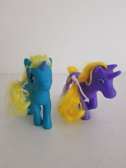 Charming Vintage Gi-Go Fakie Wonder Pony Land Unicorns - Purple with Sun Emblem & Blue with Yellow Mane - TreasuTiques