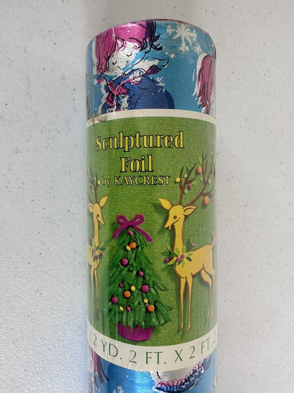 Vintage 1960s Angelic Children and Reindeer Christmas Foil Wrapping Paper Roll - 17 SQ FT, Blue - Sculptured Foil by Kaycrest - TreasuTiques