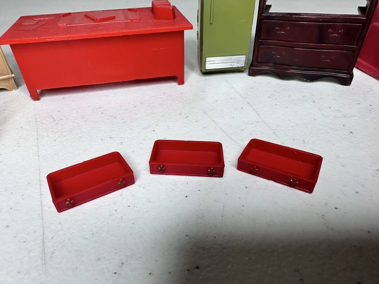 Vintage Dollhouse Furniture Lot - Unique Miniature Chair, Fridge, Drawers, and Bathtub Set - Perfect for Parts or Restoration Projects - TreasuTiques