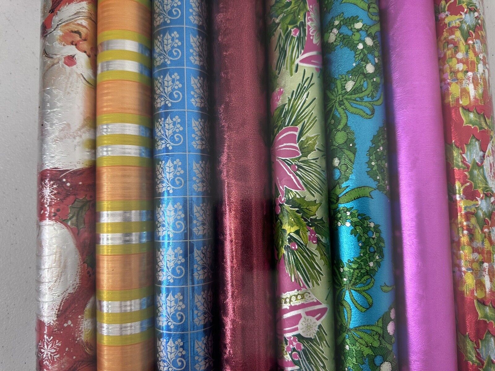 Rare 1960s Kaycrest Christmas Foil Wrapping Paper - 8 Rolls, Santa & Ornament Designs - Vintage Holiday Décor - TreasuTiques