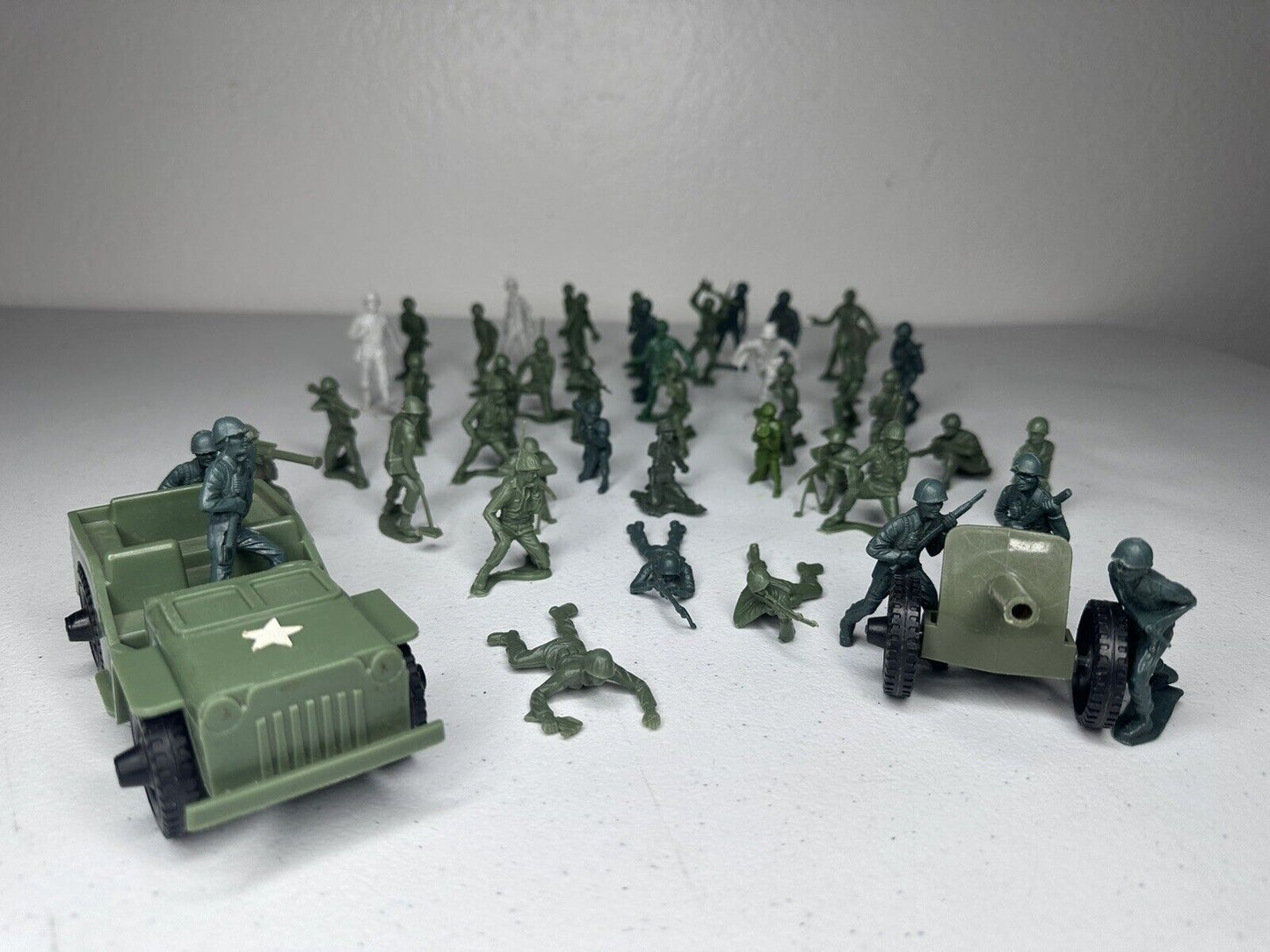 Vintage Tim-Mee & Marx Toy Soldier Lot with Army Jeep and Cannon Playset - Rare Collectible Military Figures - TreasuTiques