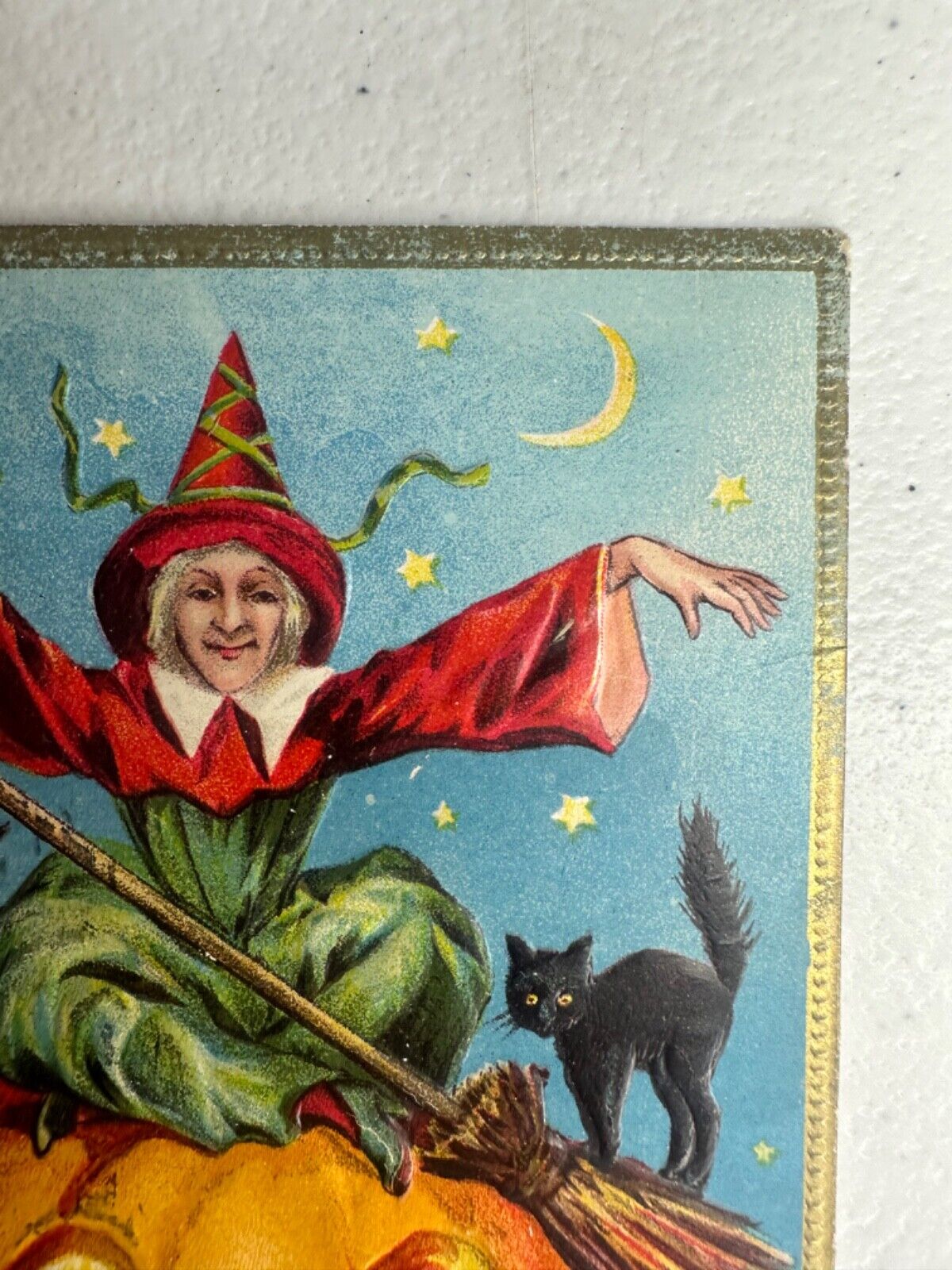 Rare 1911 Antique Halloween Postcard - Embossed Witch, Pumpkin, Bat & Black Cat - Collectible from Iowa - TreasuTiques