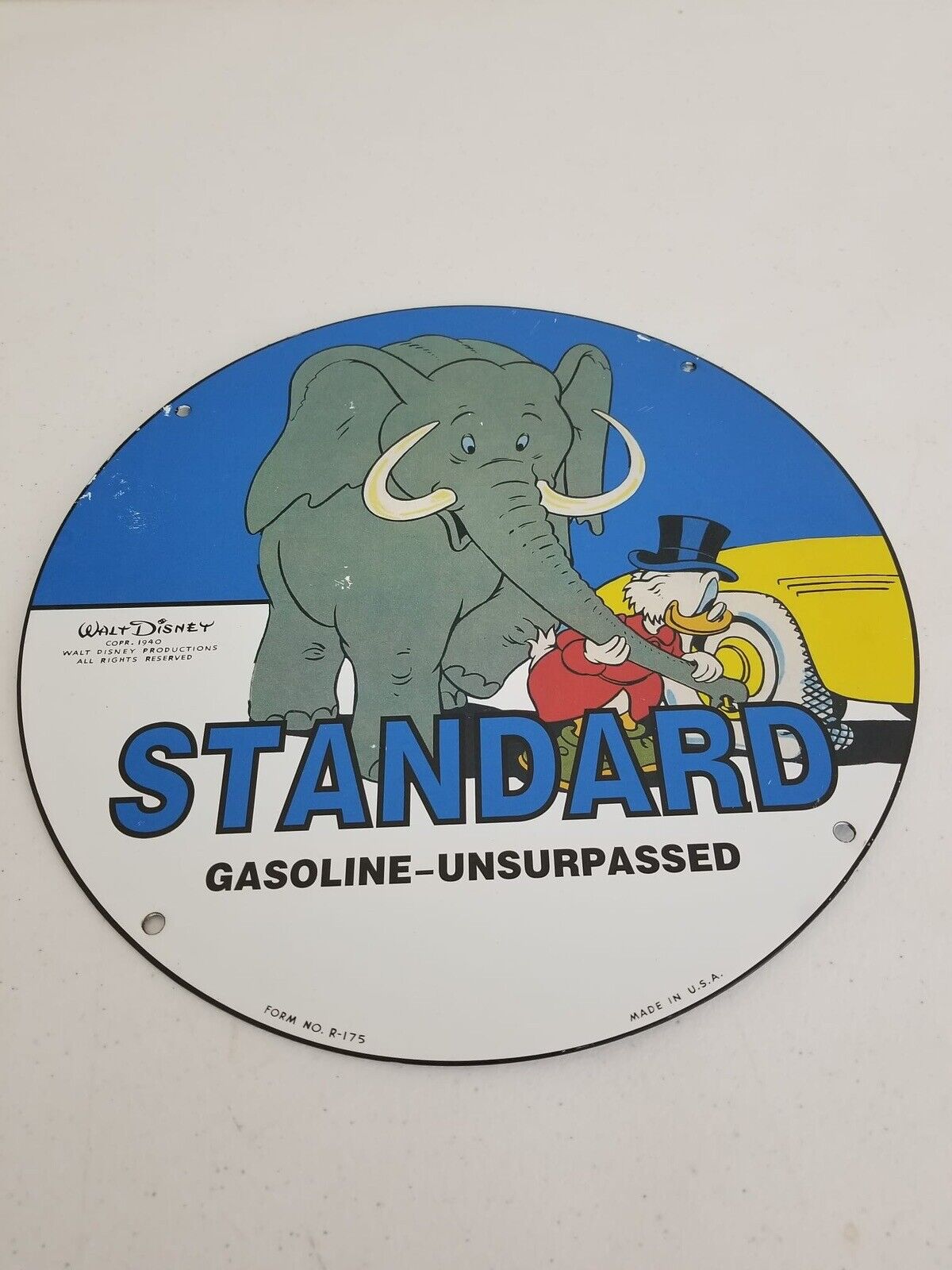 Vintage 1940s Disney Donald Duck & Elephant STANDARD Gasoline Porcelain Sign - 10" Disneyland Collectible - TreasuTiques