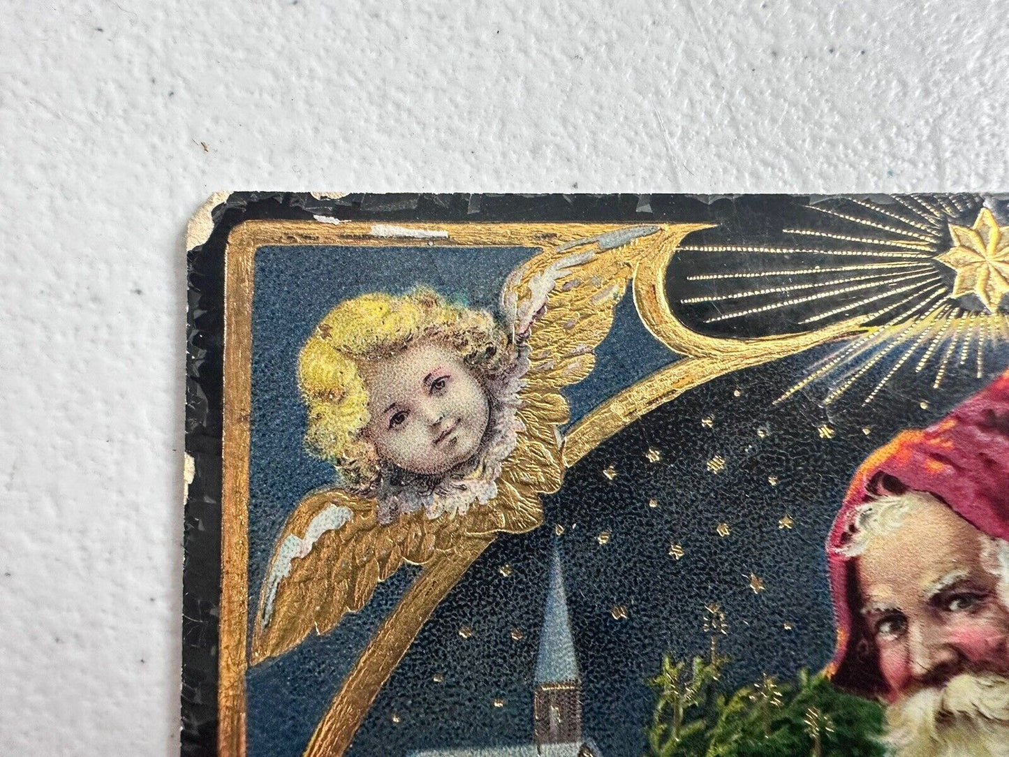 Rare Antique 1911 Blue Coat Santa Christmas Postcard - Cherubs, Gilded Stars, Collectible - TreasuTiques