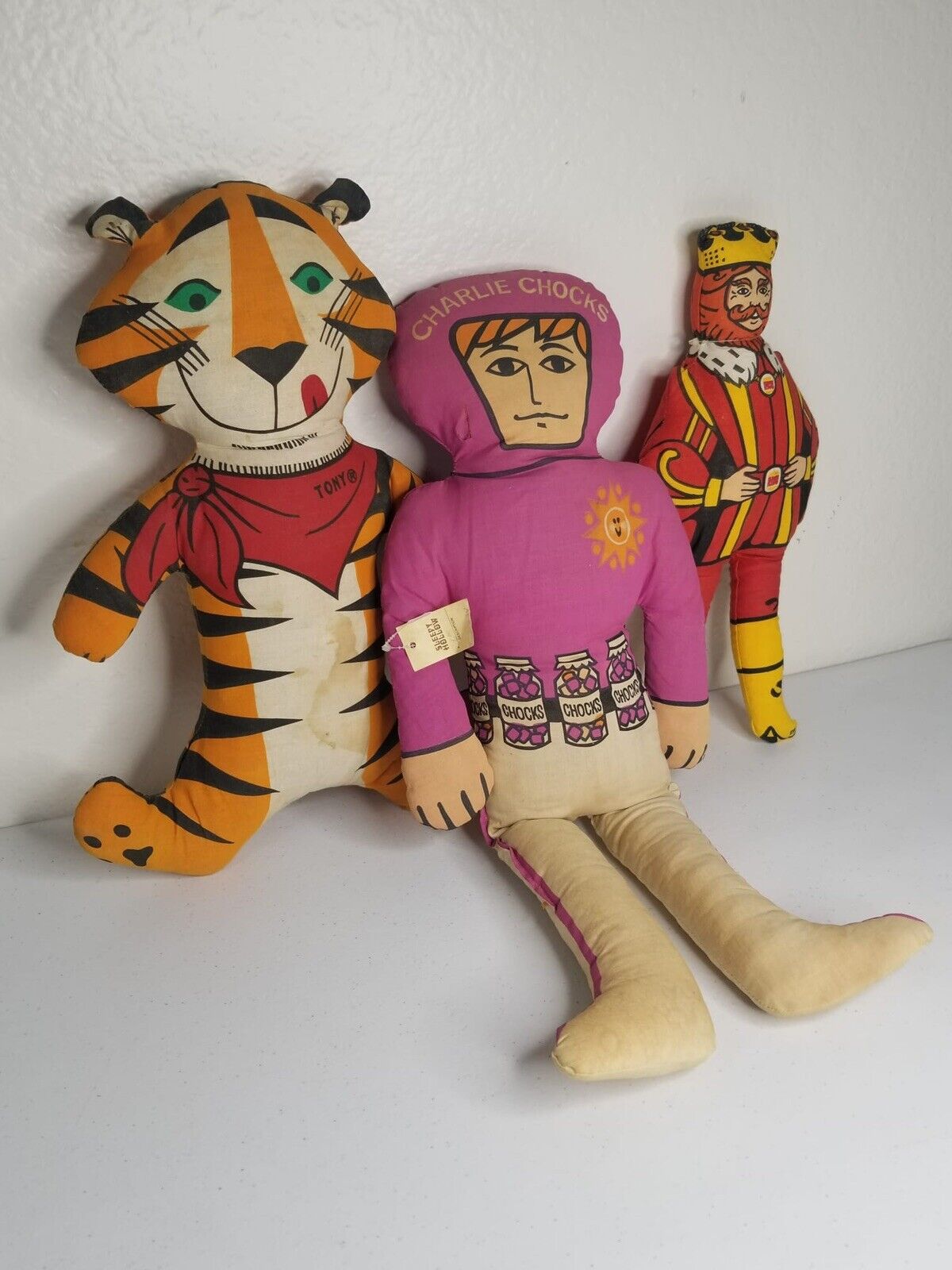 Vintage 1960s Plush Pillow Dolls Set - Charlie Chocks, Tony the Tiger, and Burger King - TreasuTiques