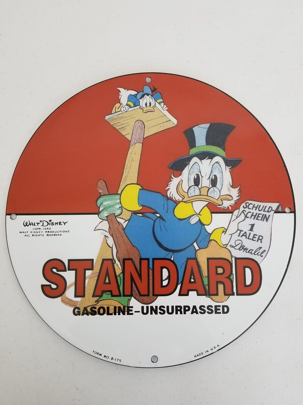 1940 Vintage Walt Disney Standard Gasoline Porcelain Sign - Scrooge McDuck Collectible - TreasuTiques