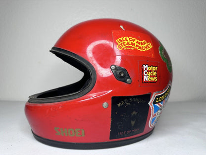 Vintage 1980s Shoei Racing Motorcycle Helmet - Red, Stickered Collectible (Size 7 1/8 - 7 1/4) - TreasuTiques