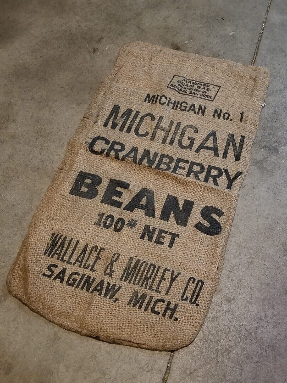 Vintage Michigan Cranberry Bean Burlap Sack - Wallace & Morley Co. Decor - TreasuTiques