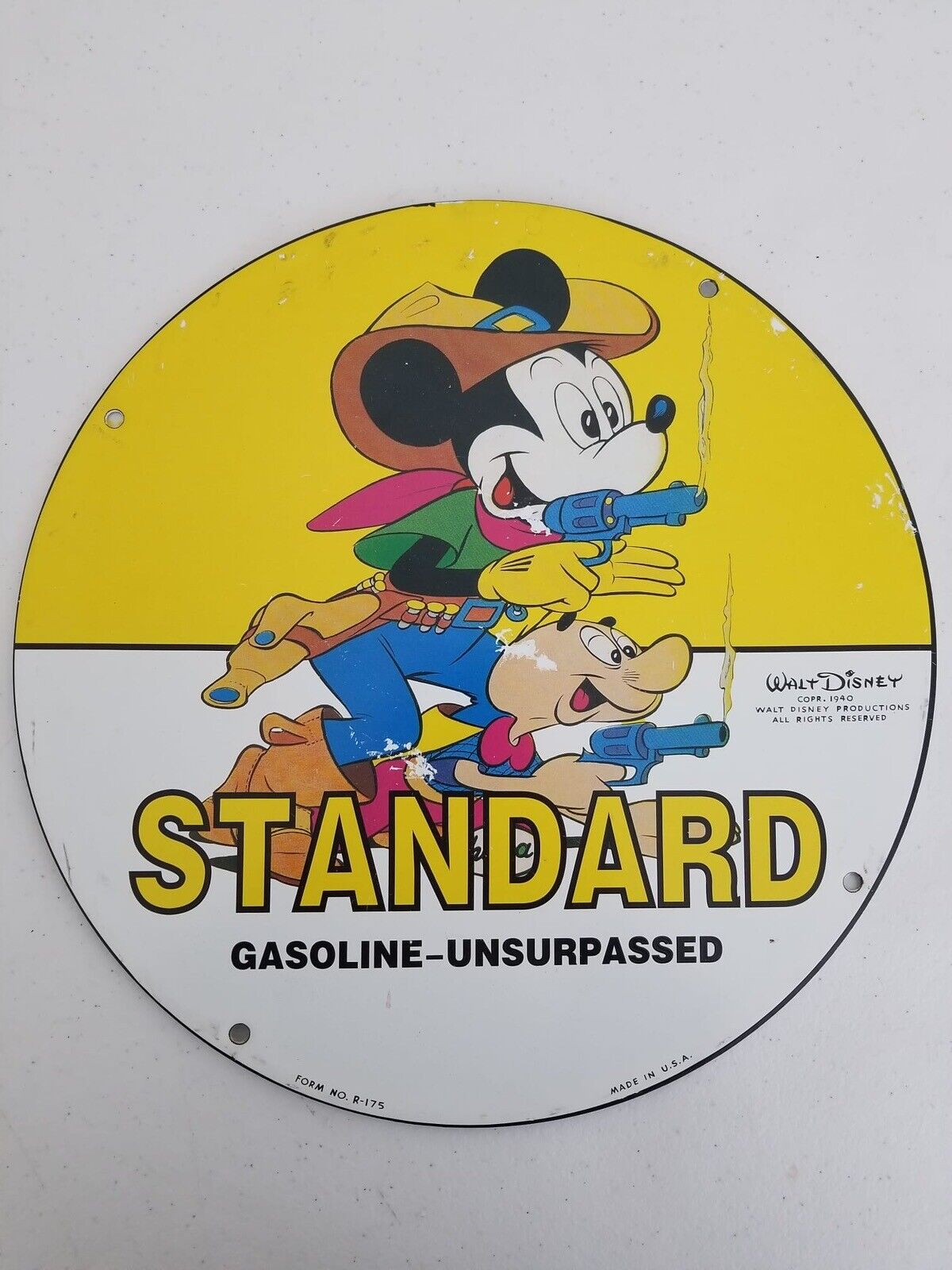 Vintage 1940s Mickey Mouse Cowboy-Themed Porcelain Gasoline Sign - 10" Collectible - TreasuTiques