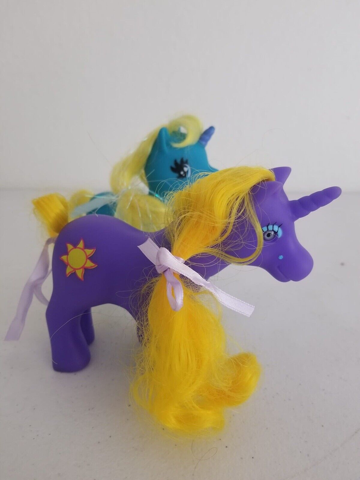 Charming Vintage Gi-Go Fakie Wonder Pony Land Unicorns - Purple with Sun Emblem & Blue with Yellow Mane - TreasuTiques
