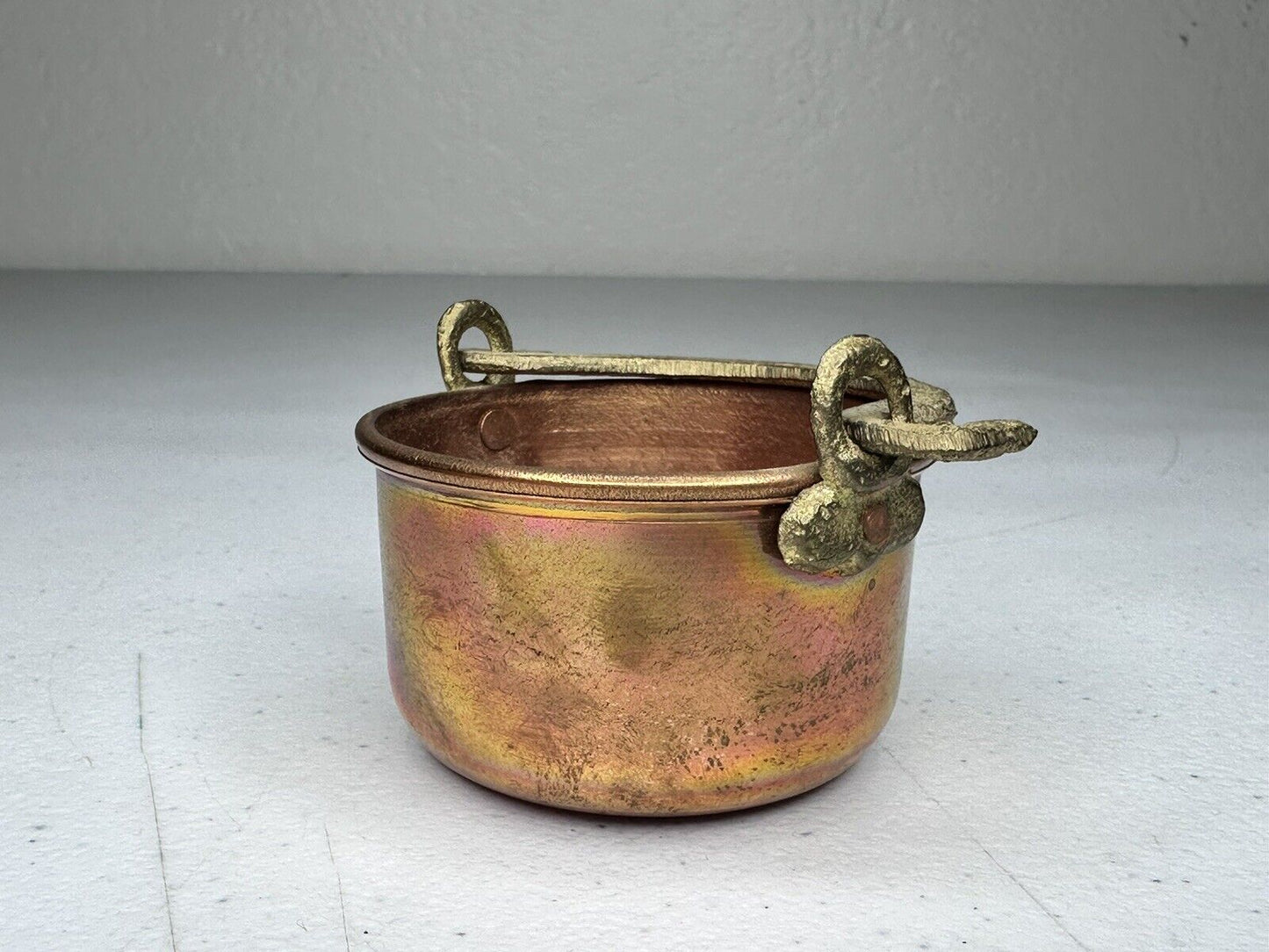 Exquisite Antique Miniature Brass Pot with Ornate Gold Handles - Elegant Tabletop Decor, 2.75" x 1.5" - TreasuTiques