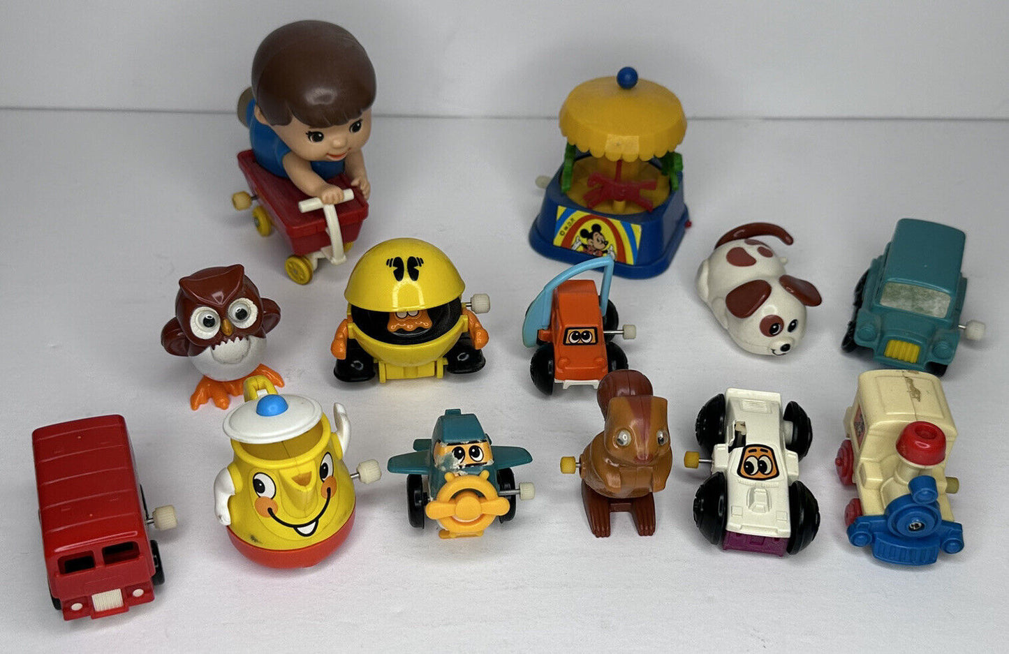 Vintage Tomy & Durham Wind-Up Toys Collection - Includes Pac-Man, Mickey Mouse, and More - Rare Nostalgic Lot from the 1970s - TreasuTiques