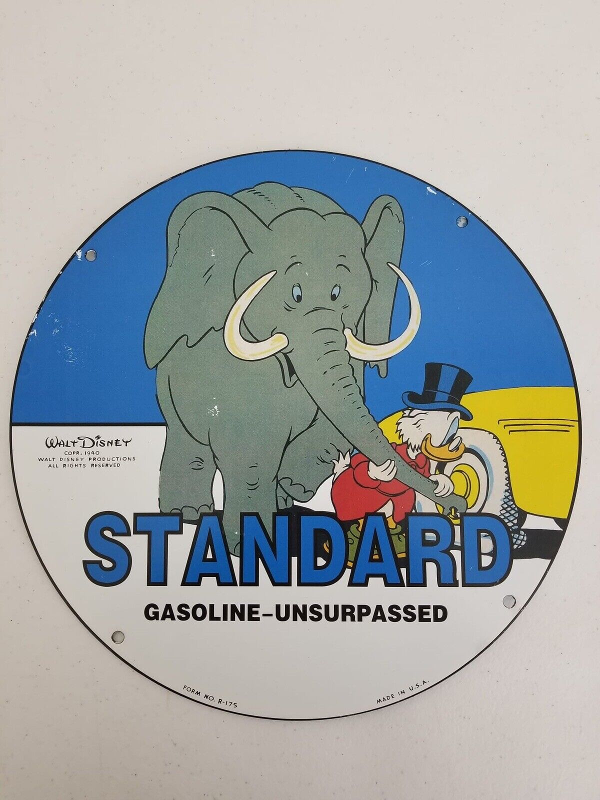 Vintage 1940s Disney Donald Duck & Elephant STANDARD Gasoline Porcelain Sign - 10" Disneyland Collectible - TreasuTiques