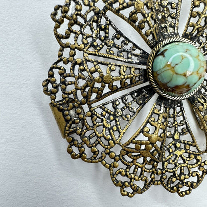 Elegant Vintage Art Deco Filigree Brooch with Turquoise Glass Cabochon – Exquisite Antique Jewelry Clip Pin - TreasuTiques