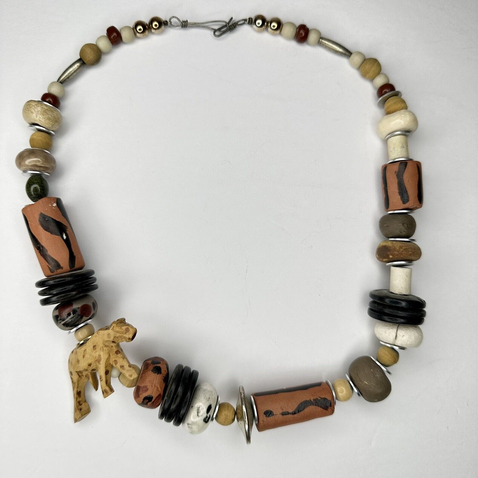 Vintage Artisan Cheetah Wood Beaded Safari Jungle Animal Necklace - Unique Handmade African-Inspired Jewelry - TreasuTiques