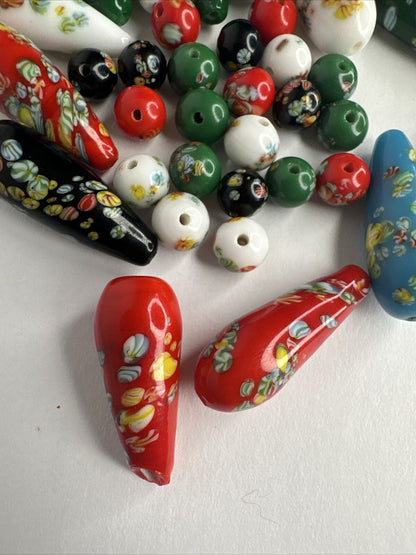 Exquisite 34 Vintage Venetian Murano Millefiori Hand Blown Teardrop Art Glass Capped Beads Collection - TreasuTiques