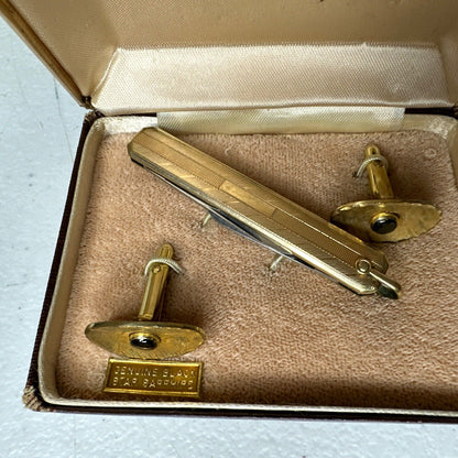 Vintage Men's Black Star Sapphire Cufflink & Knife Set - 1/20 14K G.F. Original Box - TreasuTiques