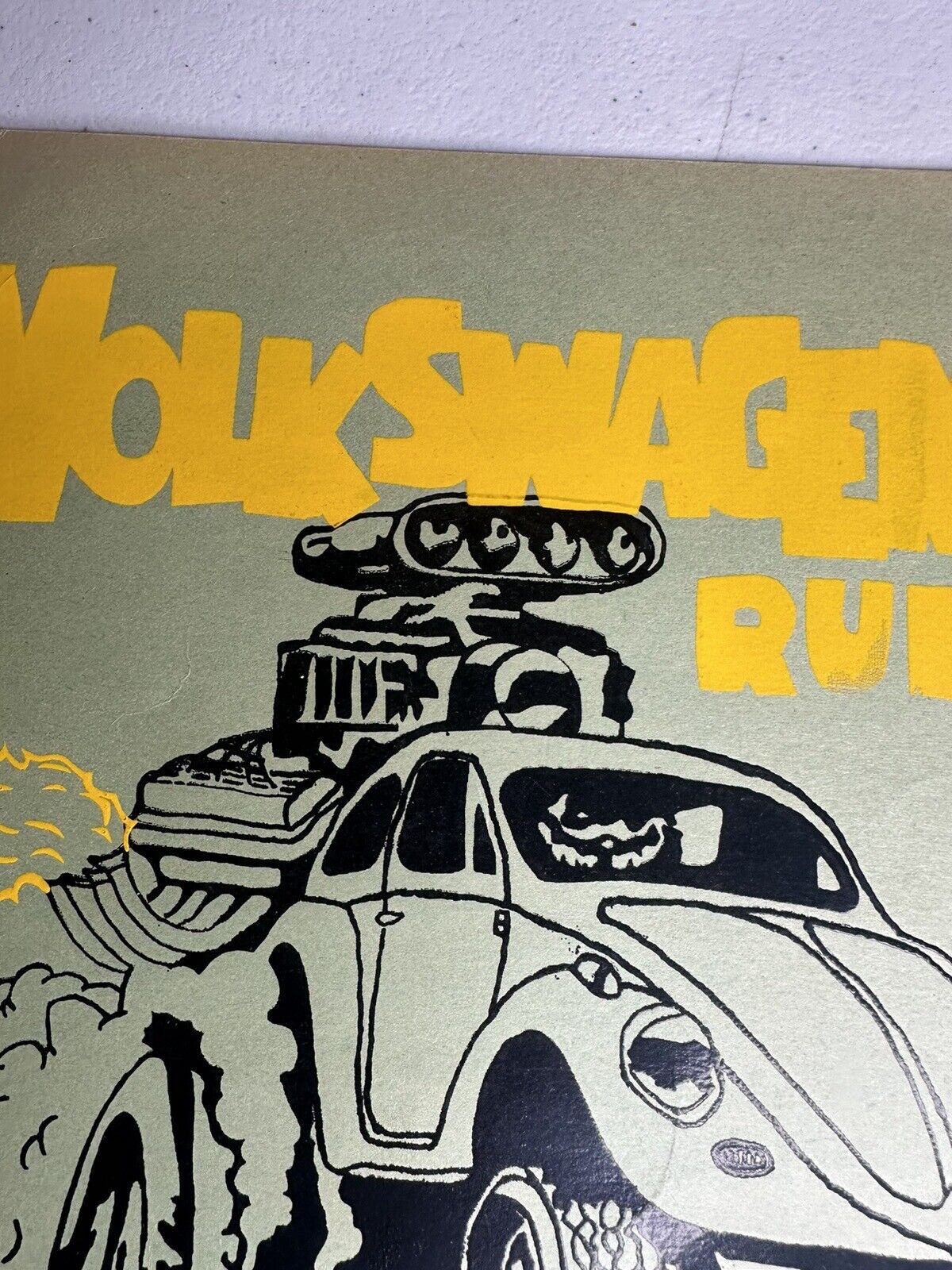 Vintage 1960s 'Volkswagens Rule' Gasser VW Bug Beetle Wall Art - Retro 10x10 Inch Gold-Toned Print - TreasuTiques