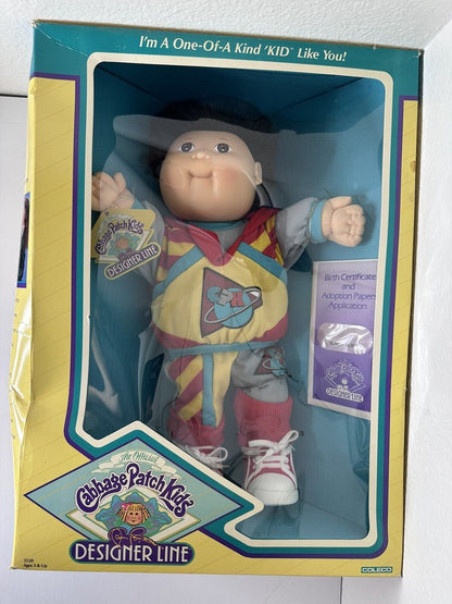 Vintage 1989 Cabbage Patch Kid Designer Line Doll Elmer Aldo in Sweat Suit - Mint Condition Doll with Original Sealed Paperwork - TreasuTiques