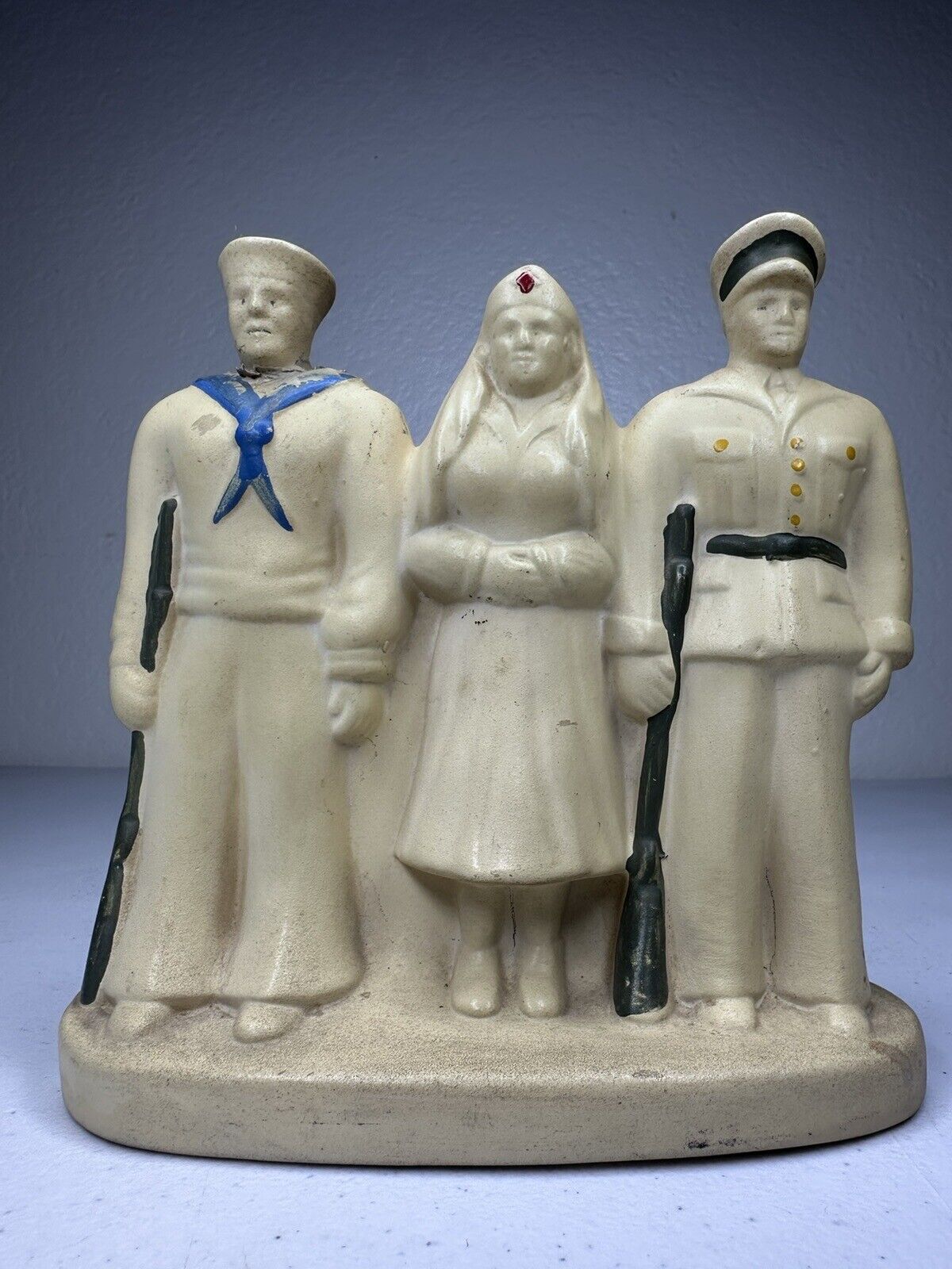 Rare WWI Military Nurse and Sailors Ceramic Statue - US Navy & Army Patriotic Collectible - TreasuTiques