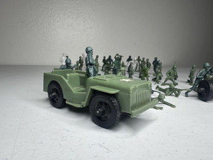 Vintage Tim-Mee & Marx Toy Soldier Lot with Army Jeep and Cannon Playset - Rare Collectible Military Figures - TreasuTiques