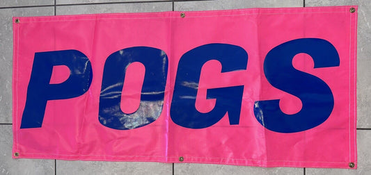Vintage 1990s Pogs Tournament Store Pink Banner 49.5"x21.5" - Excellent Condition Retro Decor - TreasuTiques