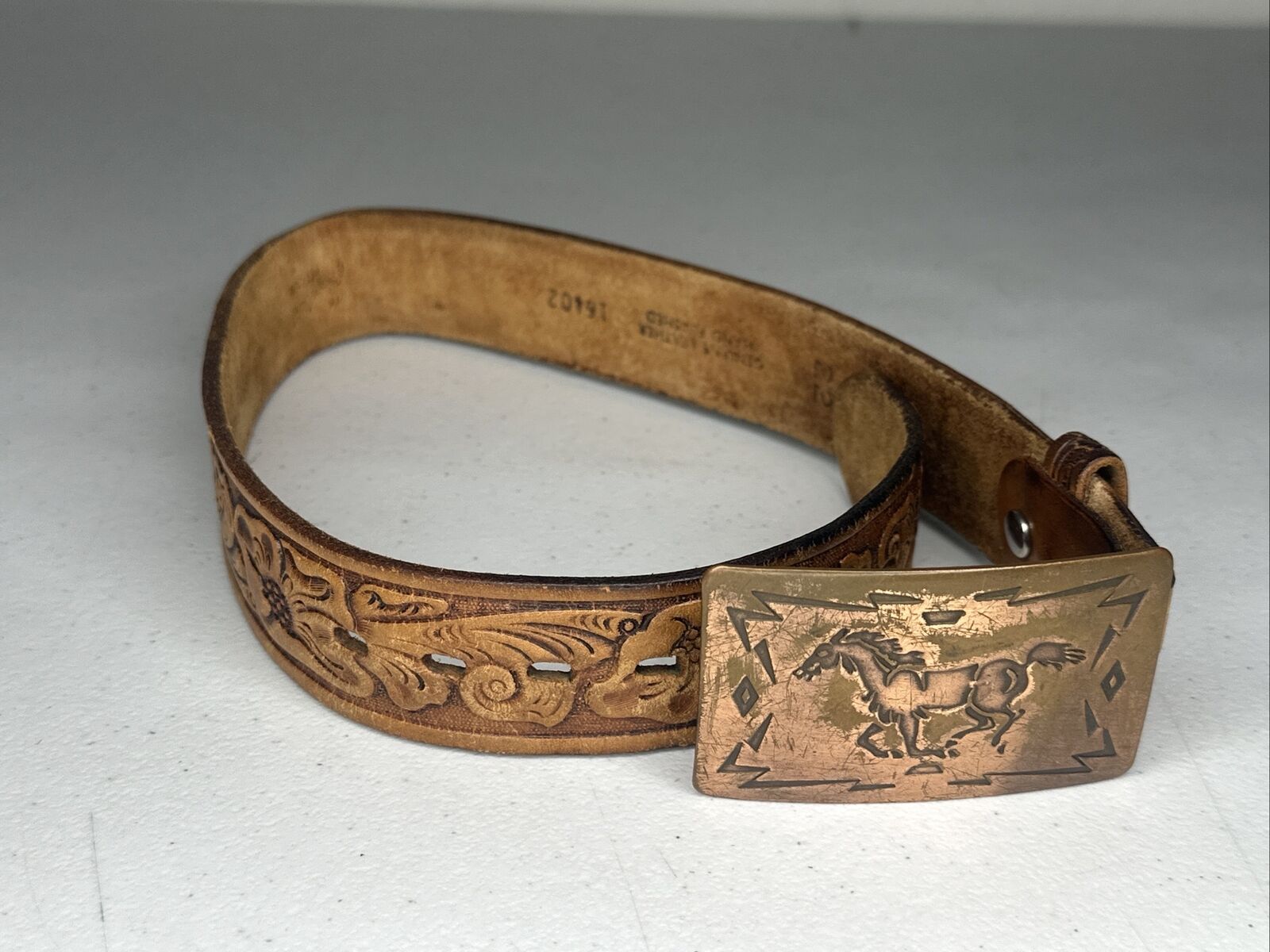 Vintage Chambers Belt Co. Handcrafted Kids Western Leather Belt - Size 22 with Embossed Horse Design - TreasuTiques