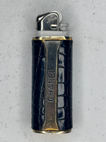 Vintage Chanel Black Crocodile-Pattern Lighter Case - Gold Tone Accents